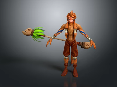 Game Movie Character Monkey Like Warrior With Green Hair Staff Brown Outfit And Blue Stripes 3d model