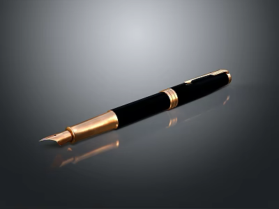 Elegant Black Fountain Pen With Gold Accents And Smooth Shiny Finish 3d model