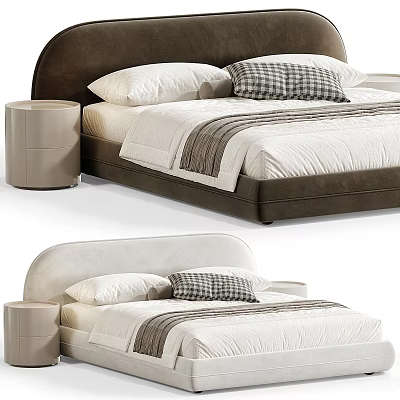 Double Bed With Soft Upholstered Headboard Striped Bedspread Plaid Pillow And Round Nightstand 3d model