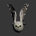 White Owl Sculpture With Spread Wings Black Patterns And Yellow Eyes On Dark Background
