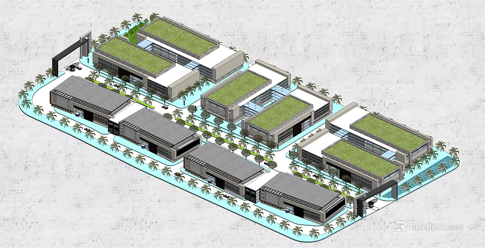 Modern Office Building Complex with Green Roofs and Surrounding Palm Trees 3d model