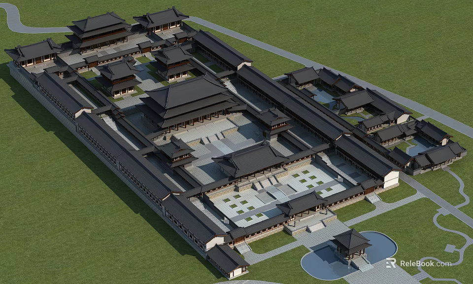Ancient Chinese Architecture Complex With Symmetric Courtyard And Traditional Roof Design 3d model 