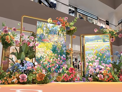 Vibrant Floral Decorated Photo Check In Spot With Art Frames And Colorful Backdrops 3d model