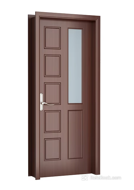 Brown Swing Door With Panel Design Glass Panel And Silver Metal Handle 3d model