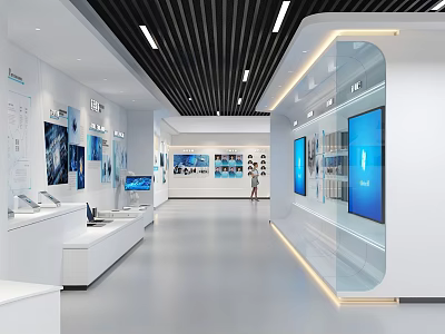 Modern Exhibition Hall Interior Design With Digital Screens And Display Areas 3d model
