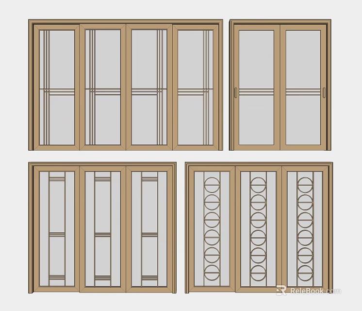 Interior Sliding Doors With Different Glass Patterns And Wooden Frame Designs 3d model 