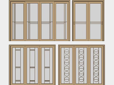 Interior Sliding Doors With Different Glass Patterns And Wooden Frame Designs 3d model