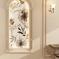 Stylish Foyer Hallway With Arched Floral Mural Illuminated Design And Wooden Cabinet