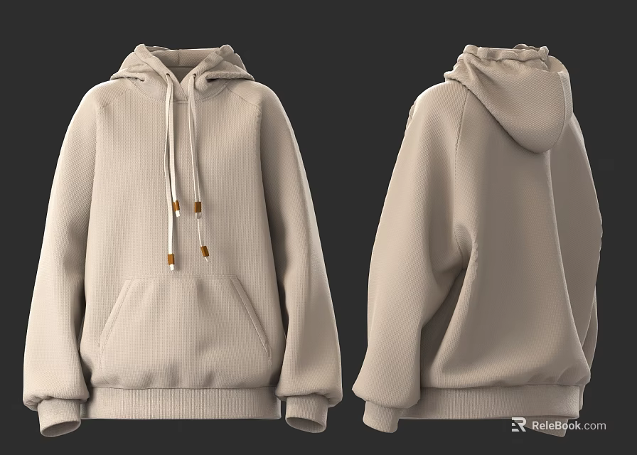 Light Beige Oversized Hoodie Featuring Drawstrings Kangaroo Pocket Front And Back Views 3d model 