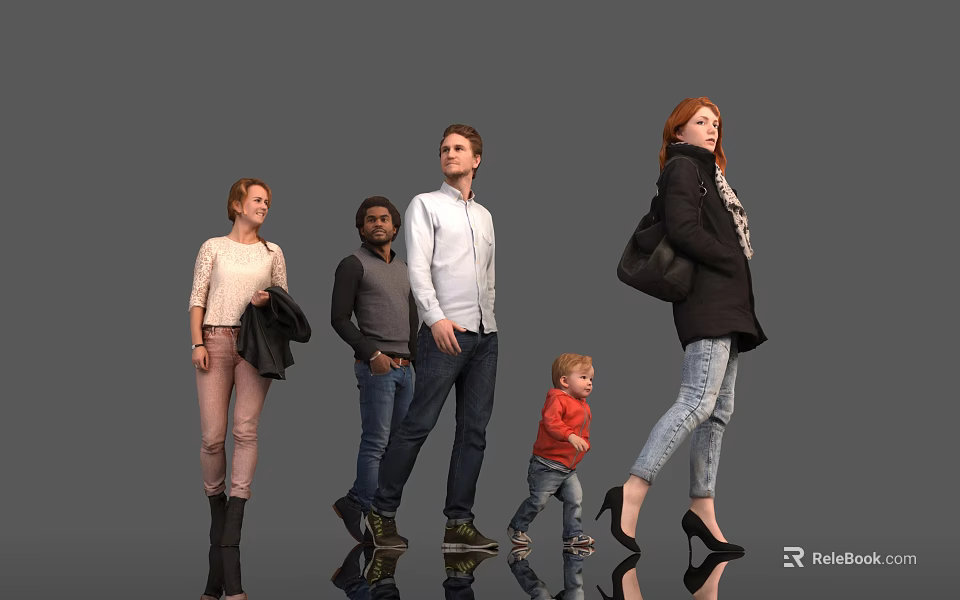 Diverse Group of People Standing Together With Different Outfits And Reflections On Gray Background 3d model 