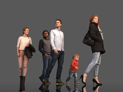 Diverse Group of People Standing Together With Different Outfits And Reflections On Gray Background 3d model