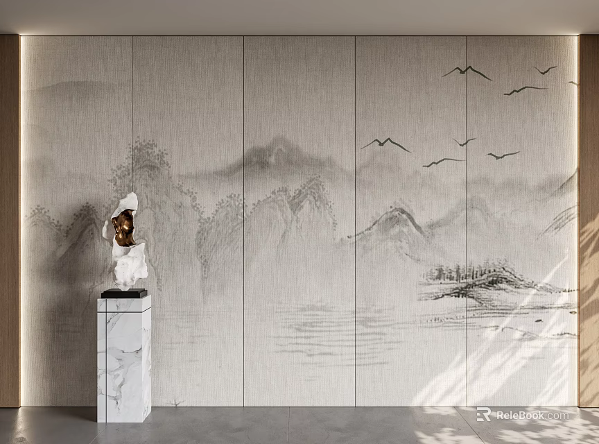 Chinese Style Background Wall with Mountain Landscape Flying Birds and Marble Pedestal Sculpture 3d model 