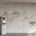 Chinese Style Background Wall with Mountain Landscape Flying Birds and Marble Pedestal Sculpture