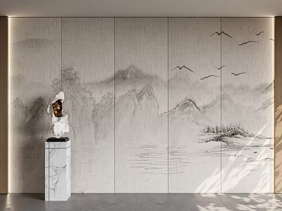 Chinese Style Background Wall with Mountain Landscape Flying Birds and Marble Pedestal Sculpture 3d model