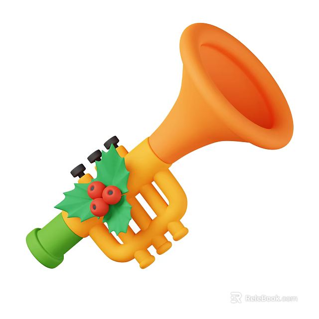 Yellow Trumpet Shaped Decorative Ornament With Green Leaves Red Berries And Black Keys 3d model 