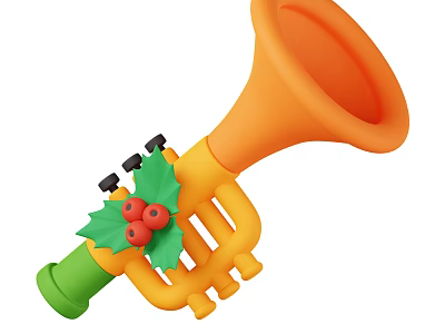 Yellow Trumpet Shaped Decorative Ornament With Green Leaves Red Berries And Black Keys 3d model