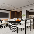 Modern Living Dining Room Interior With White Sofa Blue Armchair And Black White Striped Rug