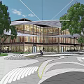 Modern Urban Commercial Landscape With Open Square Pedestrians Trees Glass Buildings And Lighting Installations