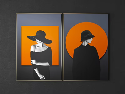 Black Framed Portrait Paintings With Hat Wearing Figures And Orange Circular Backgrounds 3d model