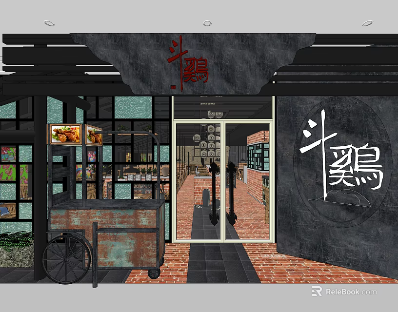 Traditional Chinese Restaurant Exterior With Brick Walls Glass Windows Signage And Wooden Cart 3d model 