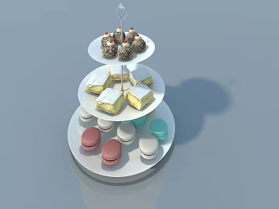Three Tier Dessert Stand With Chocolate Truffles Square Cakes And Macarons 3d model