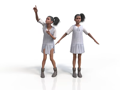 Two Young Girls in White Dresses and Gray Boots Pointing Up with Arms Outstretched on White Background 3d model