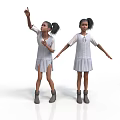 Two Young Girls in White Dresses and Gray Boots Pointing Up with Arms Outstretched on White Background