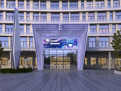 Modern Building Exterior Wall With Large Windows Geometric Archway Digital Screen Spacious Plaza And Greenery 3d model