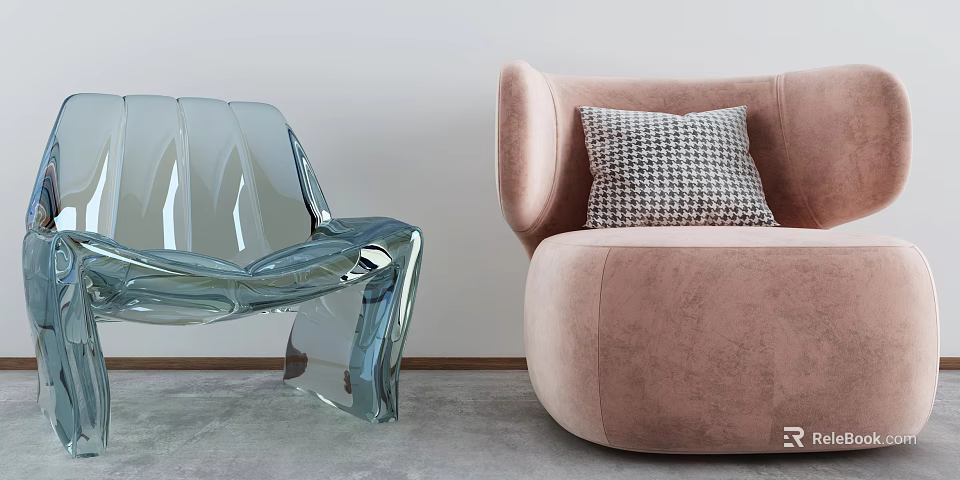Elegant Modern Pink Single Sofa With Checkered Pillow And Soft Comfortable Upholstery 3d model 