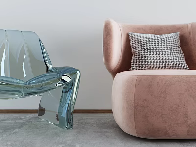 Elegant Modern Pink Single Sofa With Checkered Pillow And Soft Comfortable Upholstery 3d model