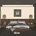 Elegant Bedroom Interior Design With Wooden Headboard Woven Pendant Lights And Decorative Painting