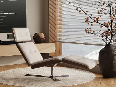 White Leather Recliner Chair with Metal Frame Wooden TV Stand and Snowy Window View 3d model