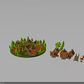 3D Model of Small Houses with Red Roofs and Green Trees Circular and Scattered Layout