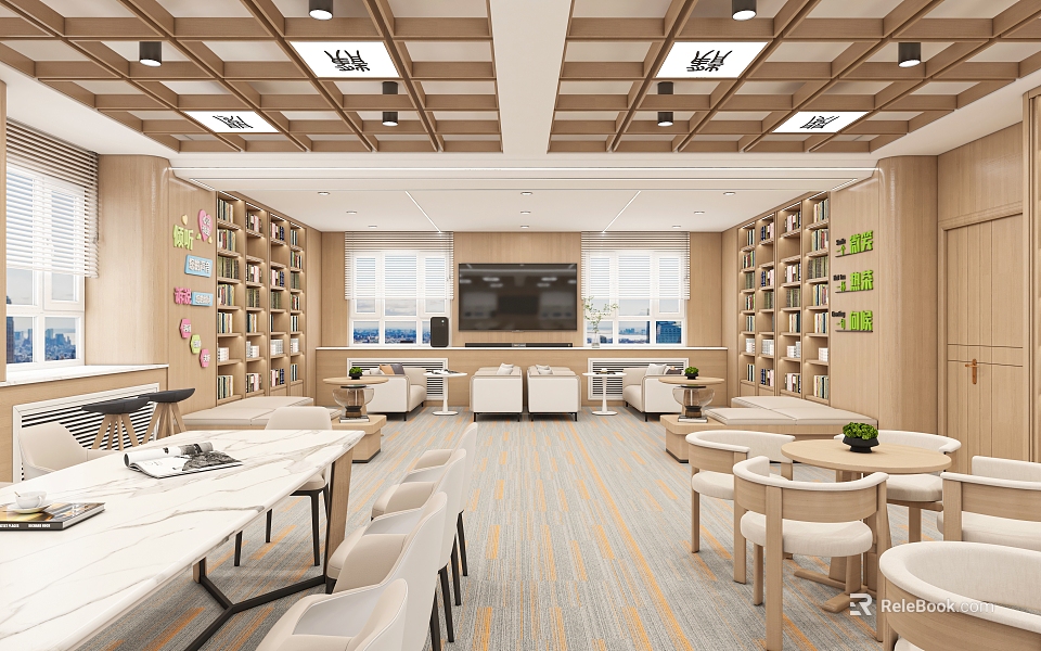 Modern Cozy Study Lounge Interior With Wooden Bookshelves Tables Chairs TV And Windows 3d model 