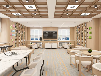 Modern Cozy Study Lounge Interior With Wooden Bookshelves Tables Chairs TV And Windows 3d model