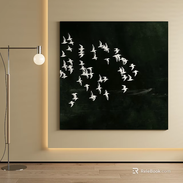 Modern Abstract Painting With White Birds On Black Background Hanging On Wall 3d model 