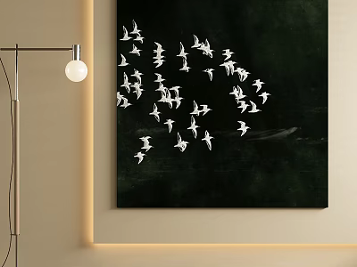 Modern Abstract Painting With White Birds On Black Background Hanging On Wall 3d model