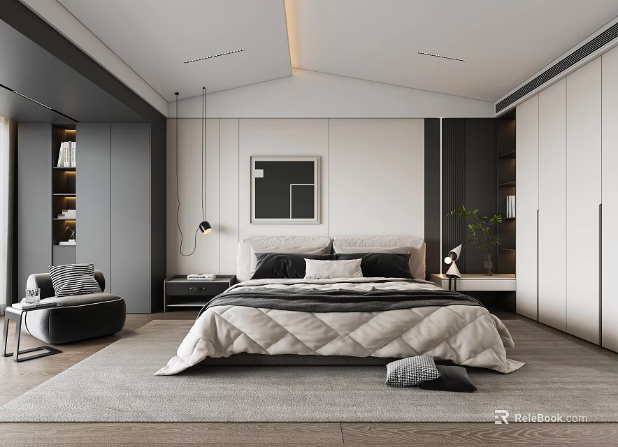 Modern Bedroom Interior With Bed Nightstand Lighting Carpet Armchair And Artwork 3d model 