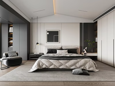 Modern Bedroom Interior With Bed Nightstand Lighting Carpet Armchair And Artwork 3d model