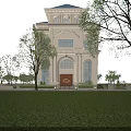 White Classical Style Detached Villa With Arched Entrance Front Lawn And Trees