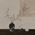 Black White Textured Vase Holding Slender Branches Small Fruits On Table With Candles Background Painting