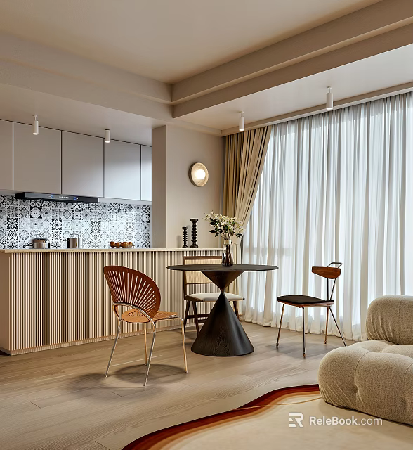 Modern Restaurant Interior Design With Black Dining Table Brown Chairs White Curtains And Tile Backsplash 3d model 