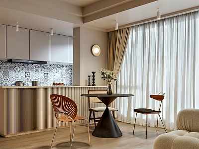 Modern Restaurant Interior Design With Black Dining Table Brown Chairs White Curtains And Tile Backsplash 3d model