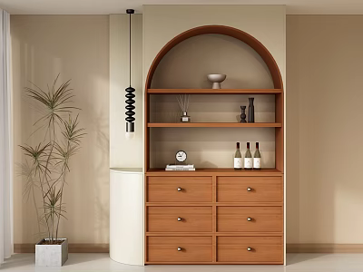 Modern Natural Wooden Arched Sideboard Cabinet With Open Display Shelves And Multi Drawer Storage 3d model