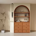 Modern Natural Wooden Arched Sideboard Cabinet With Open Display Shelves And Multi Drawer Storage