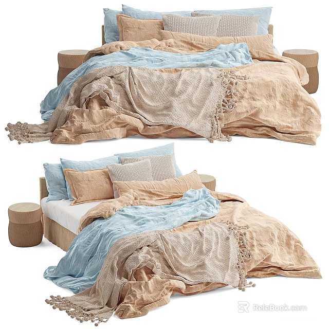Cozy Double Bed With Light Blue Beige Textured Quilt And Decorative Pillows 3d model 