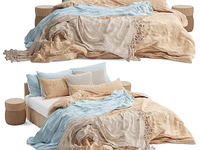Cozy Double Bed With Light Blue Beige Textured Quilt And Decorative Pillows 3d model
