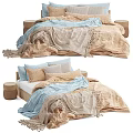 Cozy Double Bed With Light Blue Beige Textured Quilt And Decorative Pillows