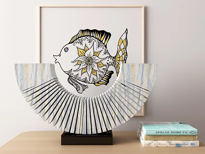 Fish Shaped Patterned Decorative Ornament With Fan Structure Framed Painting And Books For Home Decor 3d model