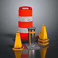 Traffic Safety Equipment Display With Red White Striped Barrier Yellow Cones And Silver Bollard